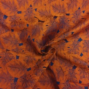 Tissu Polyester Feuilles oranges sur fond bleu