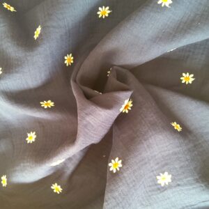 Tissu brodé double gaze fleuri - Bleu marine - 135cm