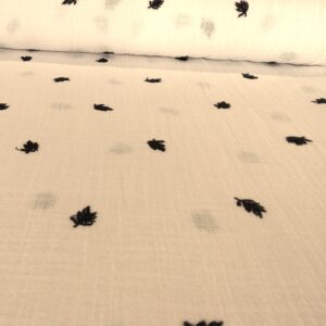 Tissu coton brodé - Petites feuilles noires sur fond blanc – Image 2