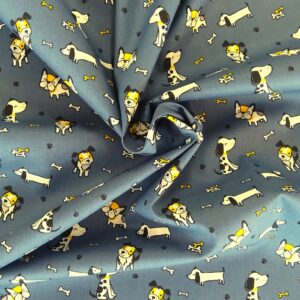 Tissu coton bio - chiens et os sur fond denim - Poppy