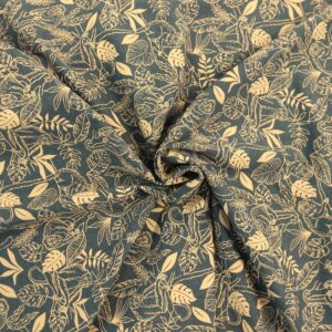 Tissu jersey - Motifs feuilles exotiques et singes sur fond bleu-gris foncé - Poppy