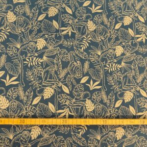 Tissu jersey - Motifs feuilles exotiques et singes sur fond bleu-gris foncé - Poppy – Image 3